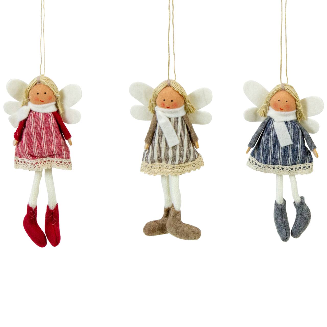 Angel Doll with Wings Christmas Ornaments - 6" - Red Brown and Blue - Set of 3